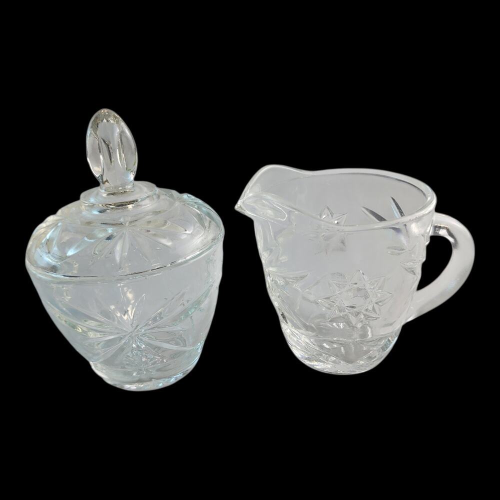 1960s Anchor Hocking Star of David Sugar Bowl & Creamer Clear Pressed Glass Set